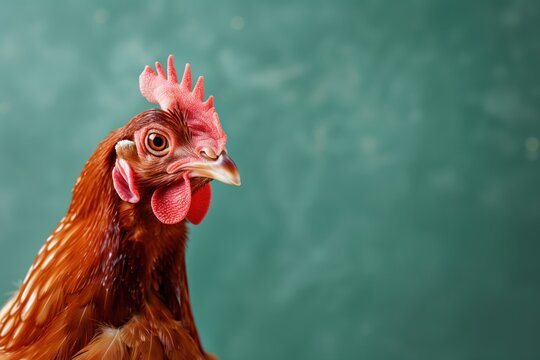 Close-up profile of a red hen against a soft teal background, sharp detail on feathers and comb, natural lighting