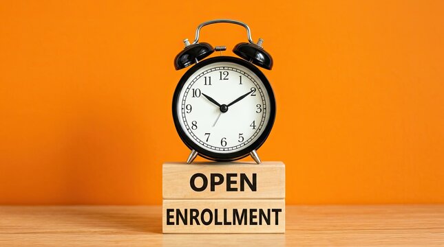 Traditional alarm clock on wooden blocks announces open enrollment period