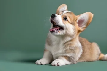 Fototapete Tierärzte Playful corgi puppy lying on a green backdrop, looking up with mouth open and tongue visible, expressive ears upright, soft fur lighting  © bodnarphoto