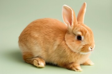 Fototapeta premium Small fluffy orange rabbit sitting on a soft pale green background, studio-lit, looking slightly to the right