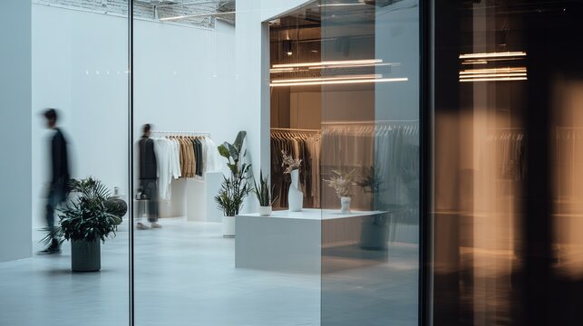 fixtures. Interior of a minimalist retail space with clean lines and ambient ceiling lighting. real-estate listings.