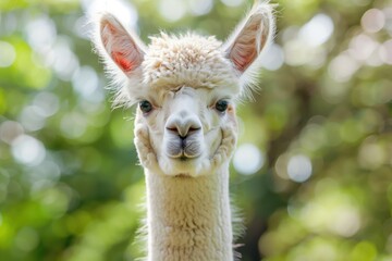 Fototapeta premium Close-up portrait of a white alpaca with fluffy fur, looking directly at camera, soft bokeh green background