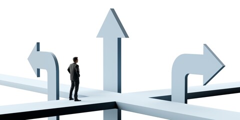 Obraz premium Business man facing paths on crossing with arrows into different directons over white bakground, decision, direction or challenge concept on white background