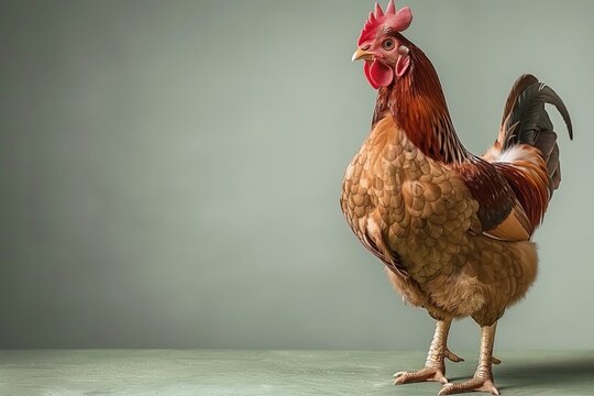 Close-up of a red and brown rooster standing on a textured green surface against a soft green background, dramatic studio lighting highlighting detailed feathers