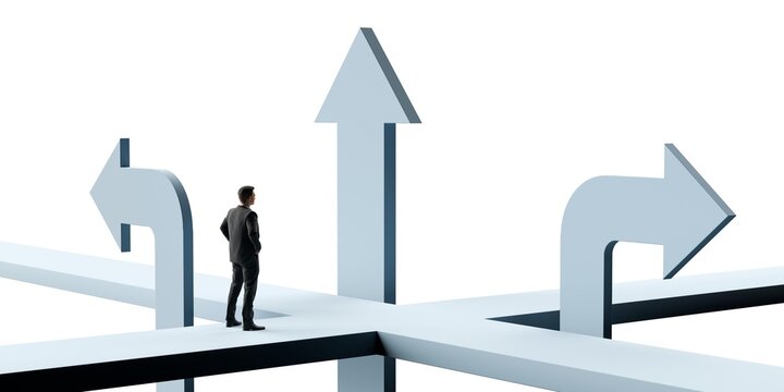 Business man facing paths on crossing with arrows into different directons over white bakground, decision, direction or challenge concept on white background