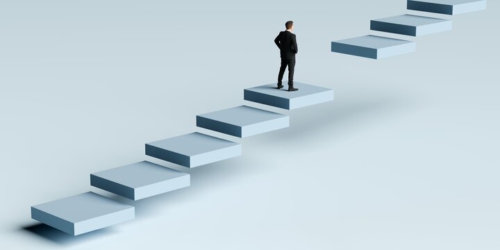 Business man facing a gap in the way on rising steps or stairs, obstacle, barrier or challenge concept on blue background