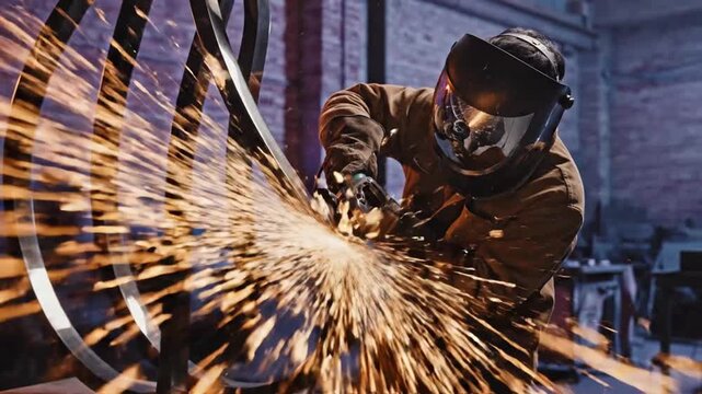Metalworker Grinding Metal, Sparks Flying, Industrial Workshop Scene.