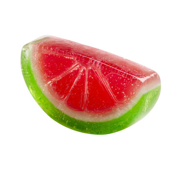 Jelly watermelon slice on transparent background. Realistic gummy candy shaped like fruit wedge with green rind and red pulp. Summer dessert concept for food illustration