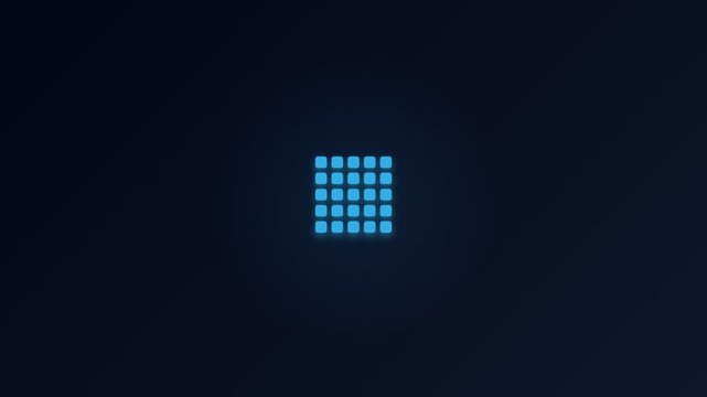 Animated Network Node Grid Graphic with Glowing Blue Squares on Dark Background