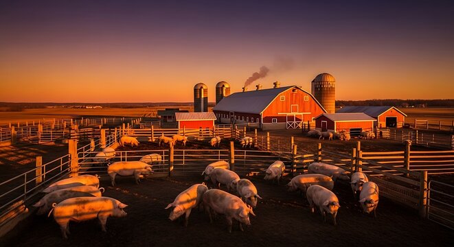 Sheep grazing on farm at sunset.