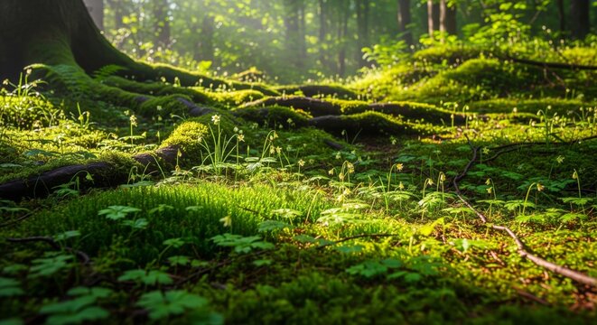Sunlit Mossy Forest Floor with Greenery and Root System Scenery