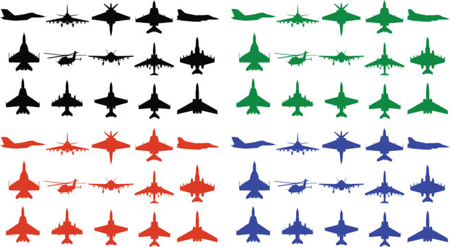 Military aircraft silhouette collection a colorful array of fighter jets and planes