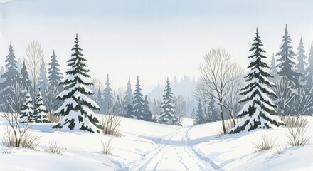Fototapeta premium Winter Forest Scene with Snow Covered Trees in Blue White Hues
