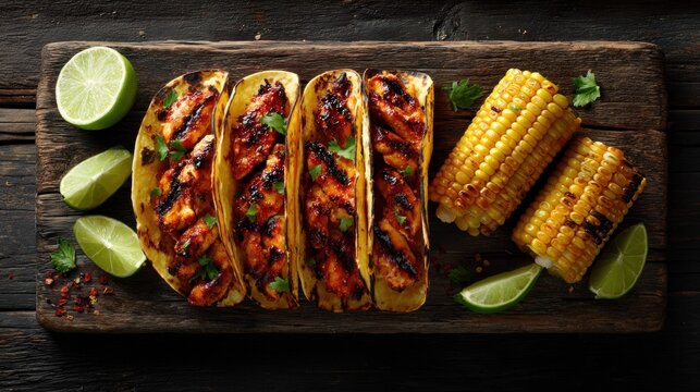 Grilled chicken tacos and seasoned corn cobs presented on a dark wooden serving board