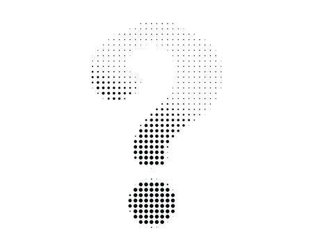 A black halftone question mark symbol with gradient dot pattern on a clean white background.