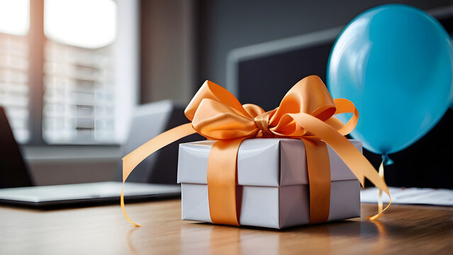 Close-up of gift box with decorative bow on office desk balloons softly blurred in background shallow depth