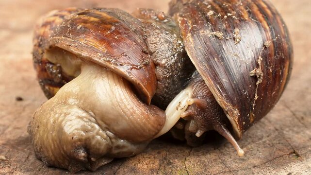 Macro close-up shot showing the full view of two snails engaging in natural mating behavior.