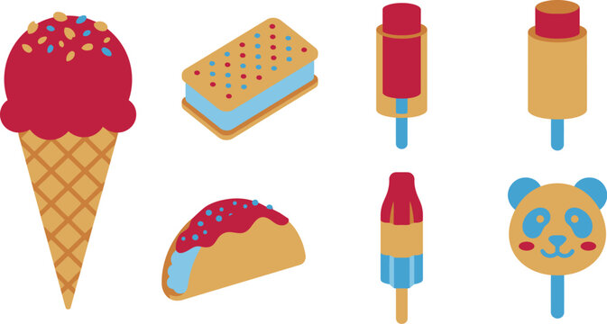 Six Nostalgic American Ice Cream Truck Favorites in Retro Cherry Red Sky Blue and Golden Tan Flat Vector Pack Featuring Drumstick Cone Ice Cream Sandwich Orange Push Up Choco Taco Bomb Pop and Animal 
