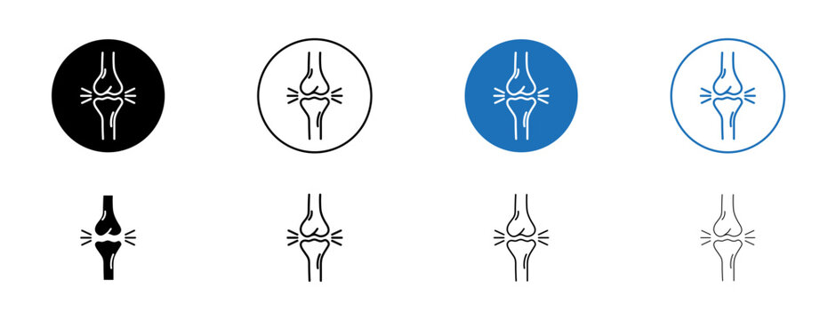 Human knee bone joint icons set in black and blue colors on white background