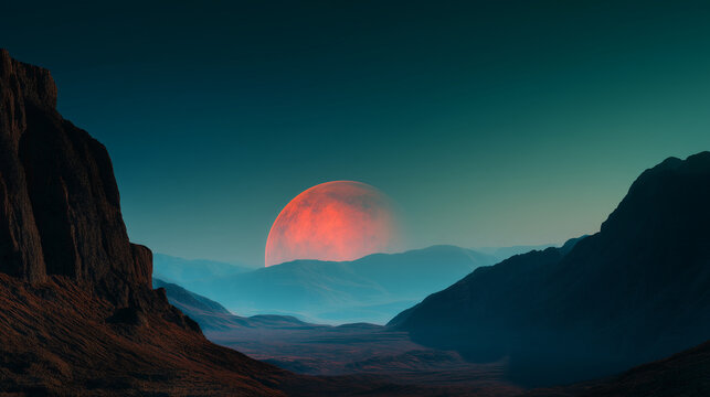 Alien planet rising over desert valley at twilight, cinematic sci fi landscape with red crescent moon, distant mountains, teal sky and mysterious extraterrestrial world atmosphere