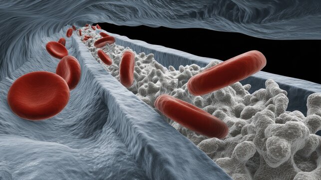 Red blood cells flow past buildup obstructing a biological vessel interior