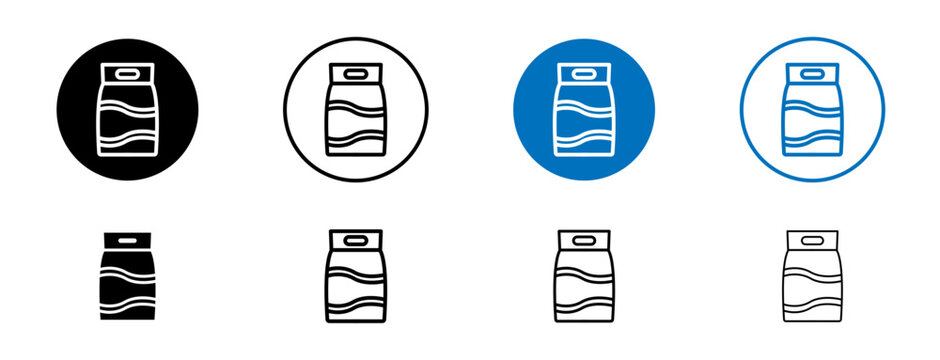 Laundry detergent pack icons set in black and blue colors on white background