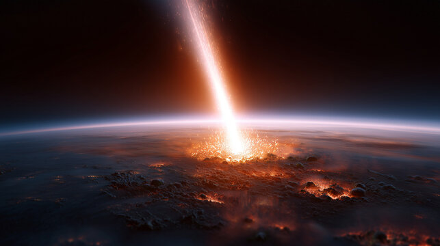 Asteroid impact on Earth from space with massive fiery explosion, apocalyptic cosmic disaster concept, planetary catastrophe, meteor strike, shockwave, destruction and dramatic sci