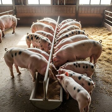 Pigs eating from trough in barn.
