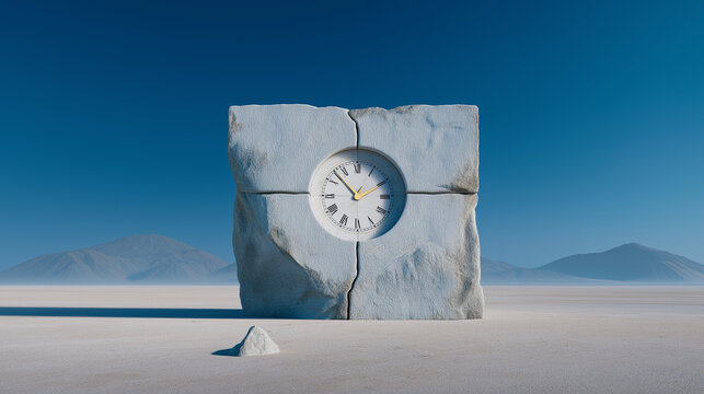 Unique clock placed in a desert landscape during daylight with mountains in the background