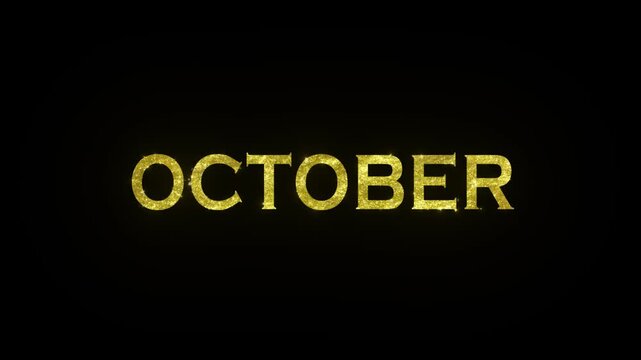 October text animation video. Golden glowing October title with sparkle effect on black background