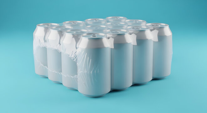 A neatly shrink-wrapped bundle of twelve plain aluminum beverage cans, uniformly stacked and presented against a bright blue background, emphasizing modern retail packaging