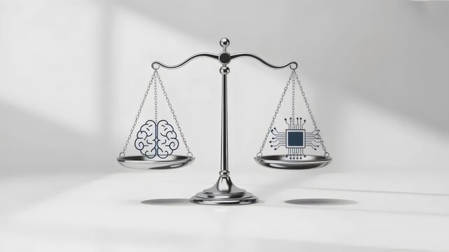 Balanced scales representing AI responsibility &ndash; Perfect for modern philosophy blogs, technology impact studies, or artificial intelligence news.