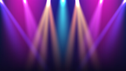 Obraz premium vibrant stage spotlights in purple blue and gold hues shining on dark background for concert and theater performance atmosphere