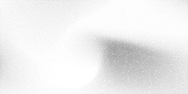 Abstract black dot halftone pattern texture creates dynamic monochrome gradient effect.