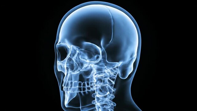 3D X-Ray Visualization of a Human Skull with Blue-Tinted Transparency