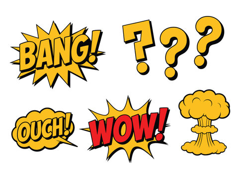 Comic explosion speech bubbles set, pop art vector collection featuring bang, wow, ouch, question marks, and cartoon burst effects in bold colorful style for comics, stickers, and graphic design