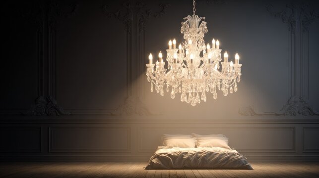 Ornate crystal chandelier illuminates a minimalist bed set against a dark, classically paneled room