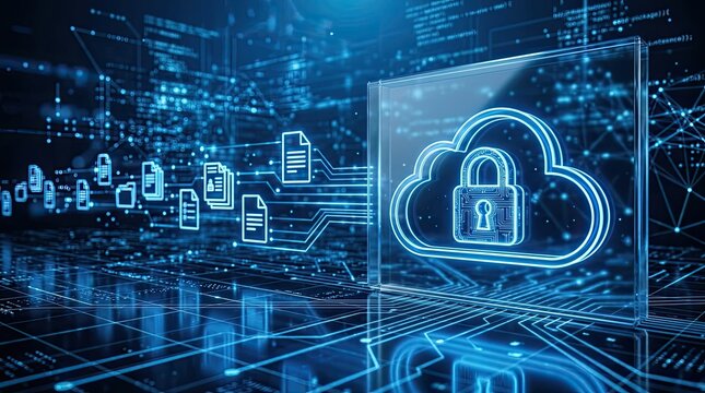 Digital cloud security with protected data flow on a futuristic network background