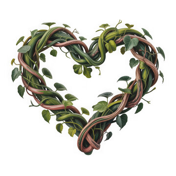 Heart shaped tangled vines and leaves, isolated on transparent background