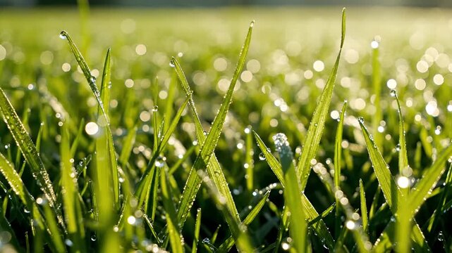 Closeup Macro Shot of Dew Drops on Green Grass Blades in Morning Sunlight 1.