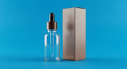 Obraz premium Clear glass dropper bottle with cardboard box, ideal for serum, essential oils, or cosmetic packaging on a blue background