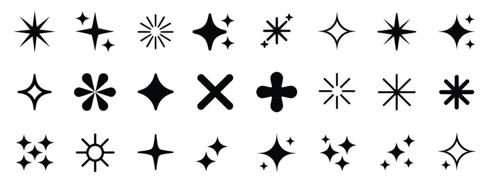 Sparkle icon set with shining star symbols and twinkle shapes, minimal solid style decorative glow and highlight vector illustration