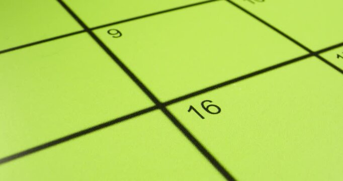 Neon Green Calendar Macro With Grid And Numbers, Shallow Depth Showing Dates,