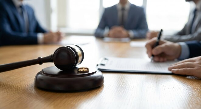 Wooden gavel and small wedding ring on legal documents during a settlement meeting with settlement, agreement