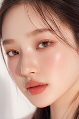 Fototapeta premium Ethereal Radiance: An individual with flawless skin and gentle features, captured in a softly lit, intimate portrait, radiating serenity and understated elegance.