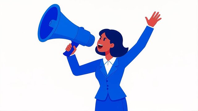 4K Video Animation of Flat Illustration of Businesswoman Announcing on Microphone, Corporate Communication Concept Featuring Public Speaking, Marketing Promotion, Leadership Message and Business