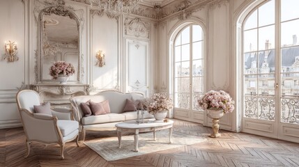 Obraz premium Elegant interior room featuring ornate white paneling and tall arched windows overlooking city rooftops