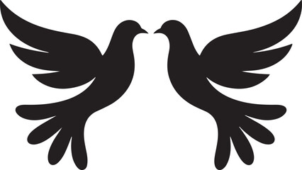 Fototapeta premium Two black silhouette doves facing each other with wings spread white bird