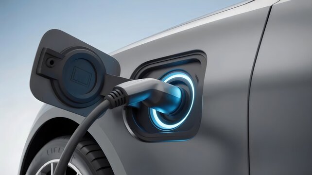 Sleek car charging port with blue indicator light &ndash; Great for automotive tech reviews, clean energy features, or modern car ads.