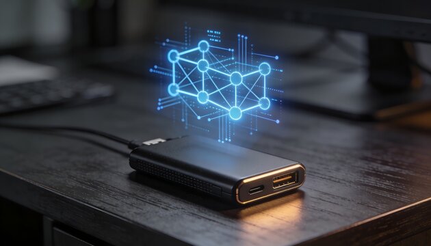Cryptocurrency Harware Wallet Concept with Glowing Digital Blockchain Hologram on Wooden Desk